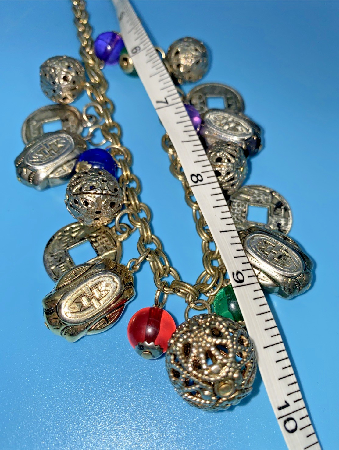 Oriental Charm Choker 20” Necklace Silver-Tone Chain Faux Coins Beads VTG