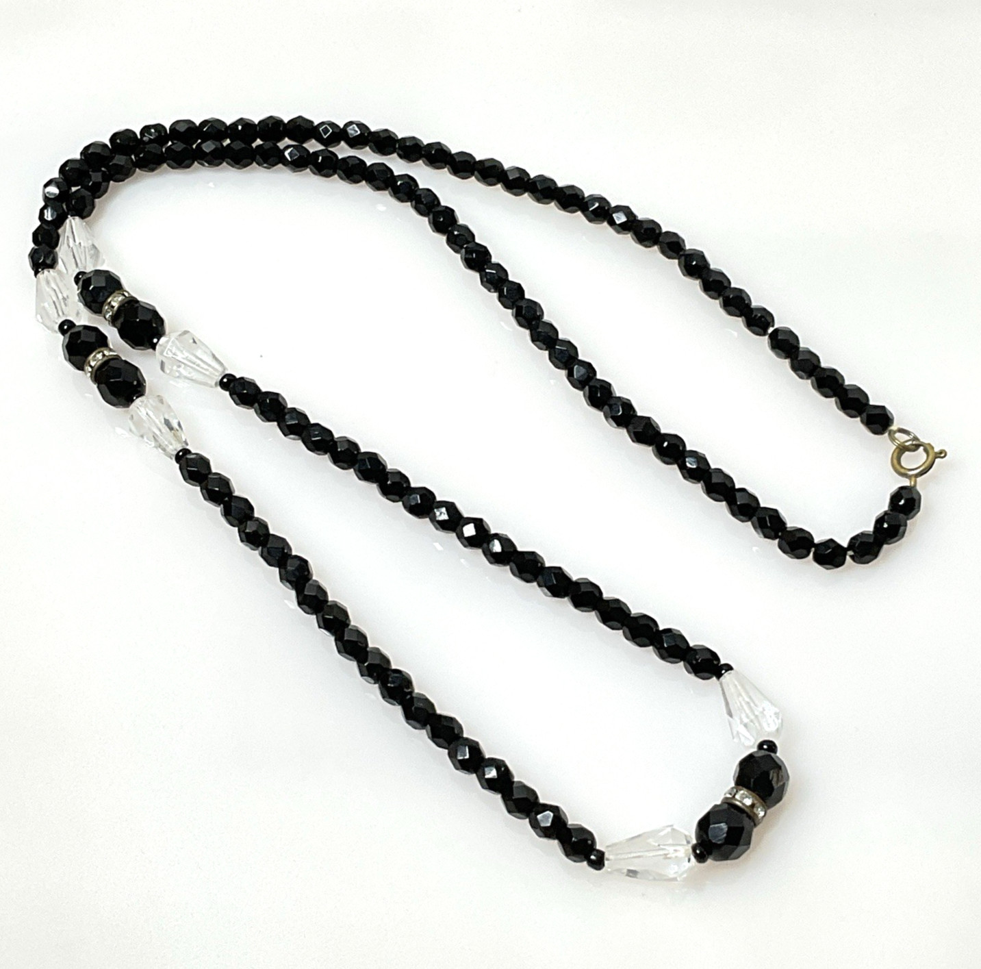 Vintage Art Deco Black Clear Glass Necklace Faceted Bead 26” Crystal Accent
