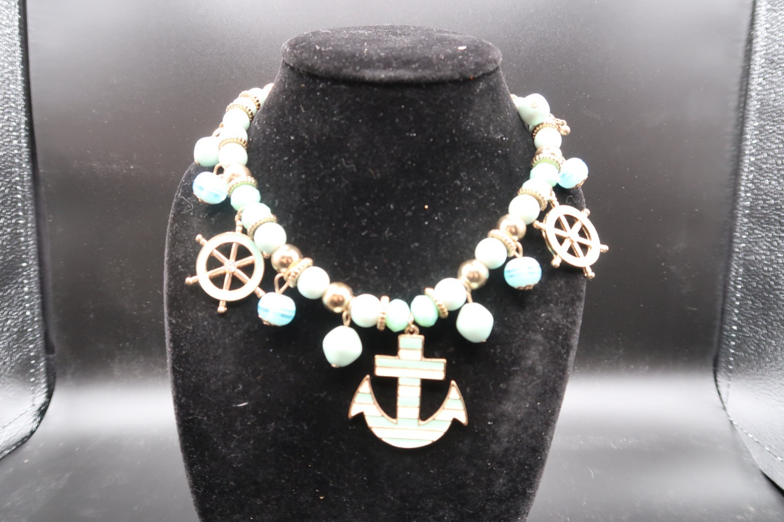 Vtg Nautical Beaded Charm Station Necklace Anchor Ship Wheel Teal & White Enamel