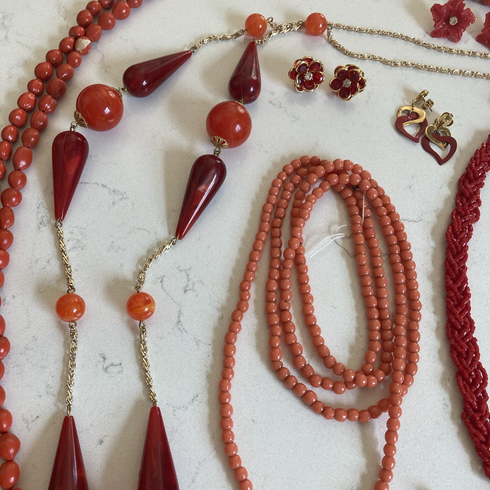 Vintage Red Orange Jewelry Lot Glass Bead Necklaces Earrings Sead Beads Pendant