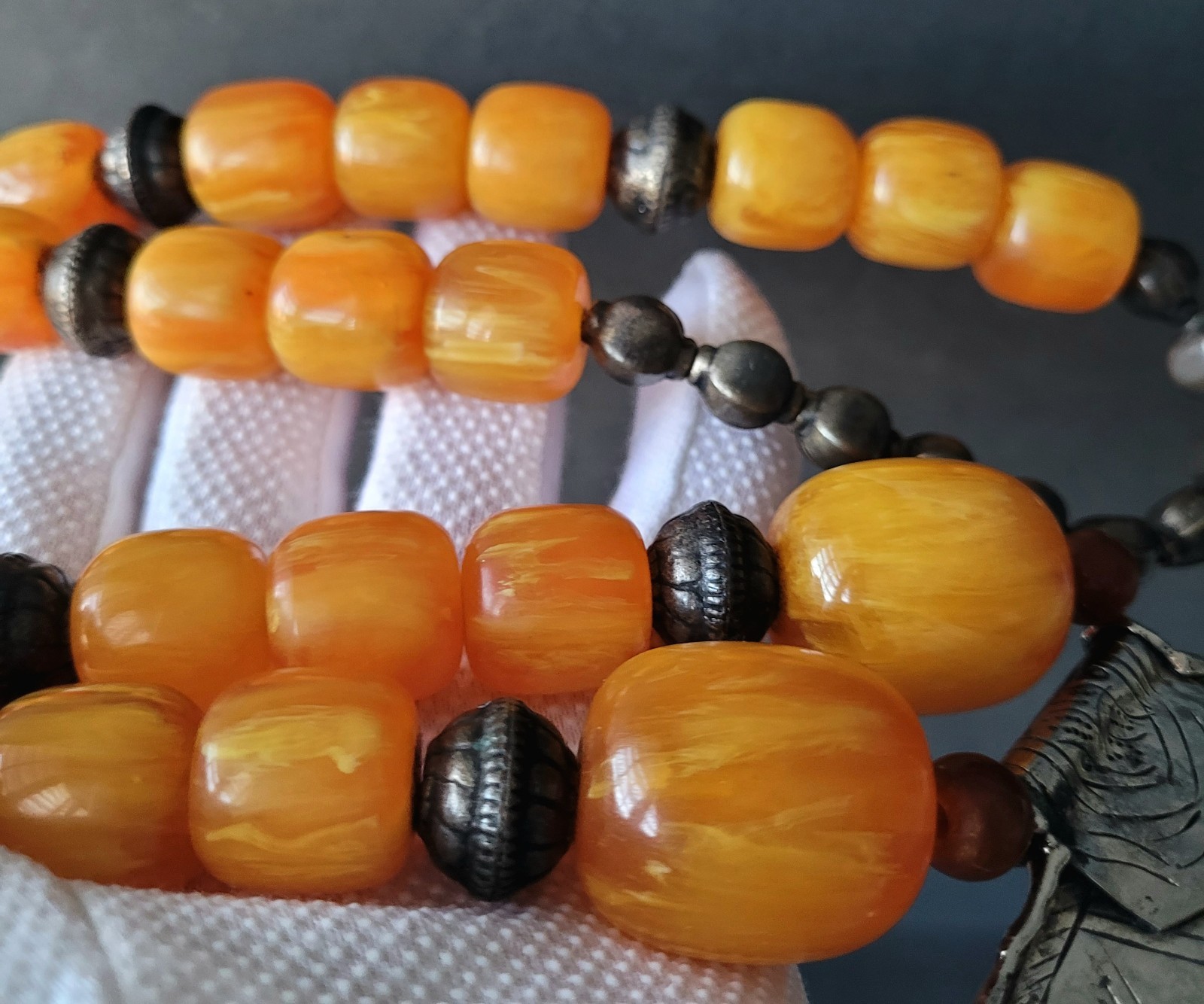 Vtg Pressed Amber Resin ? Prayer Beads Necklace Silverplate Pendant Moroccan