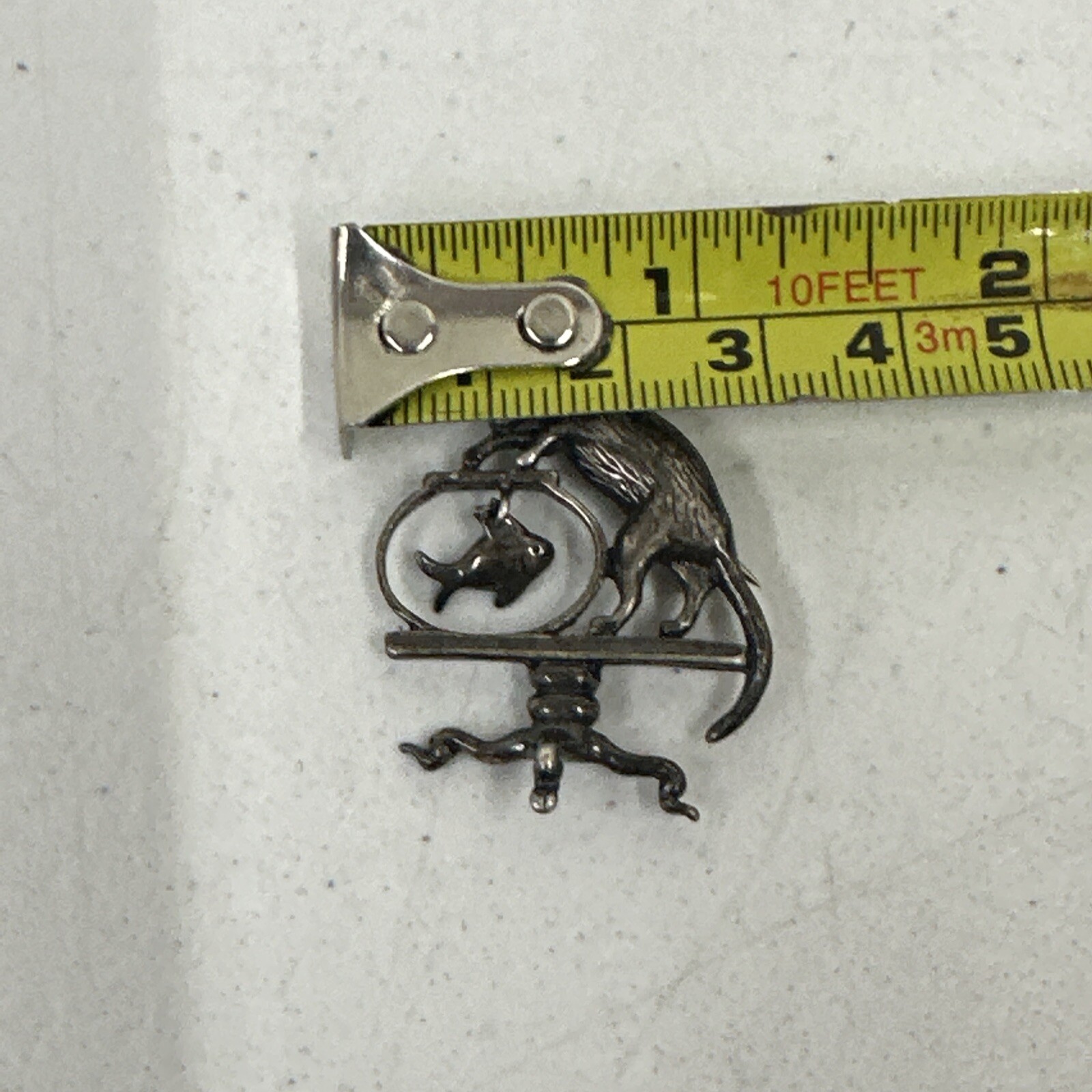 VTG Pewter Silver Tone Brooch Pin Pawing at Fish Bowl