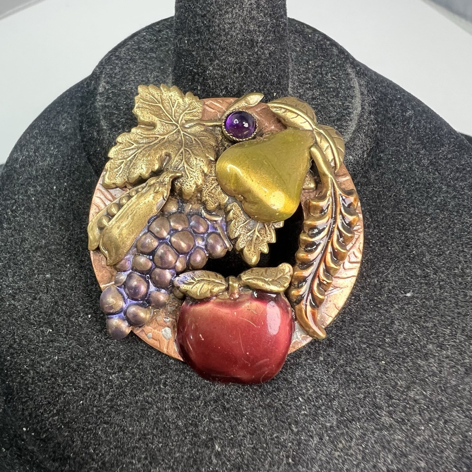 Vtg Copper Enamel Fruit Wreath Purple Jeweled Cab Pin Brooch Apple, Pear, Grapes