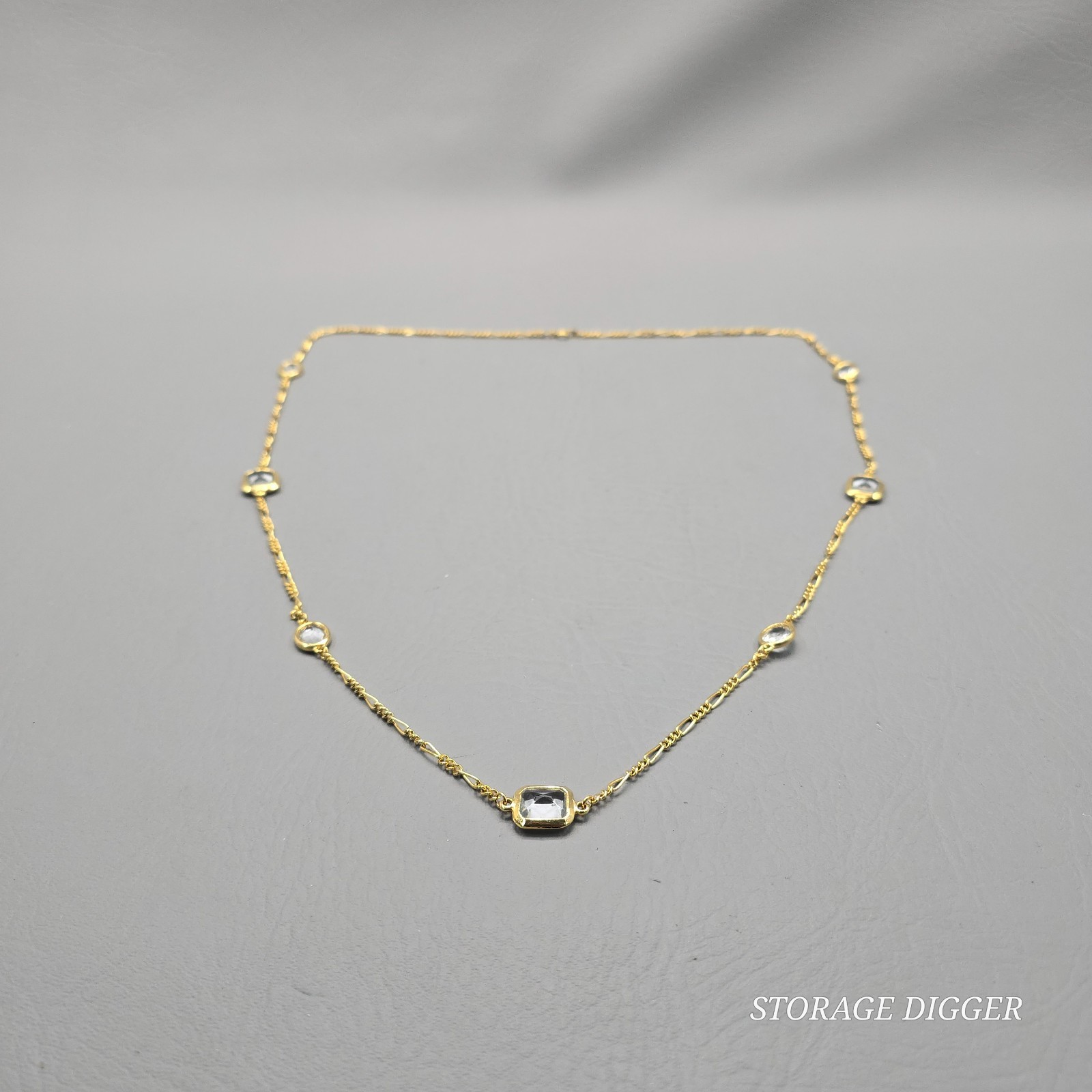 VTG Clear Crystal Bezel Gold Tone Metal Bar Link Chain Station Necklace 35″ Long
