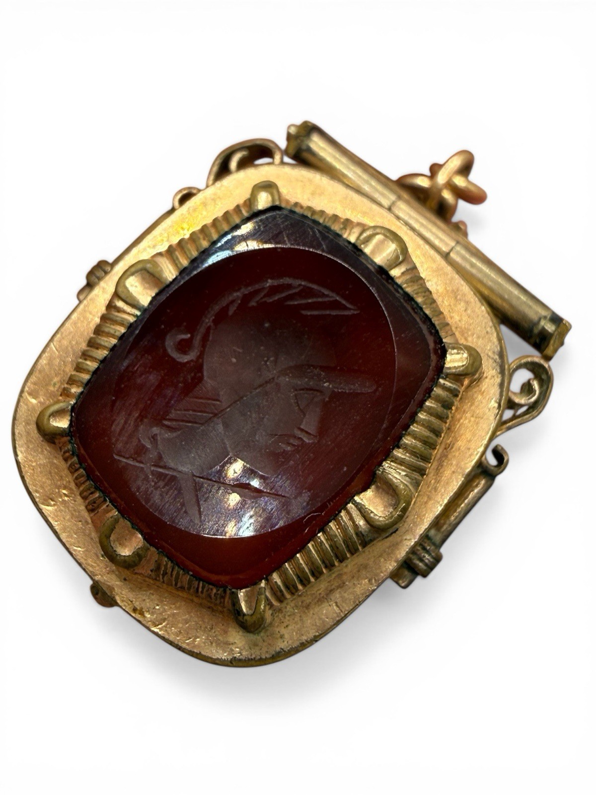 Antique GF Intaglio Centurion Carnelian Tigers Eye Watch Fob Pendant Locket