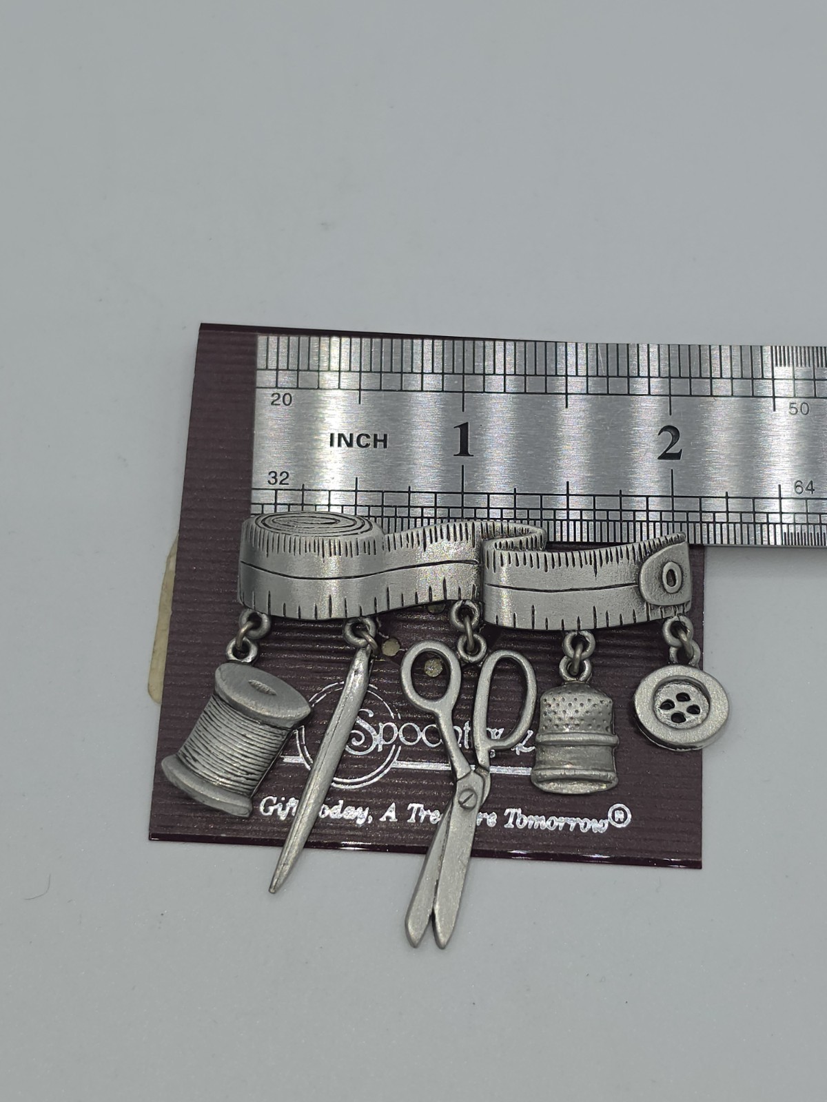 Vintage JJ Jonette Jewelry Sewing Charm Brooch Pin Art Pewter Tape Measure 2″