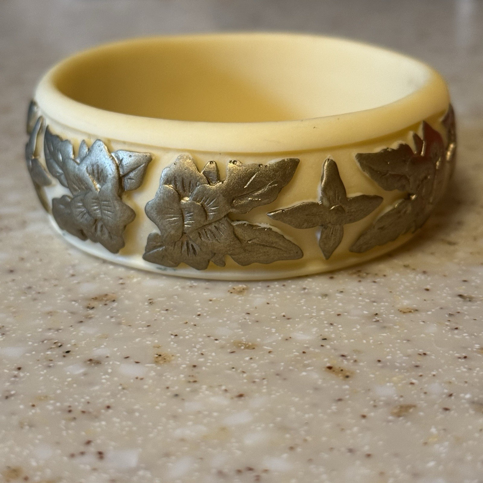 French Ivory? Celluloid Bangle Carved Floral Rose Motif Matte Finish Circa 1920?