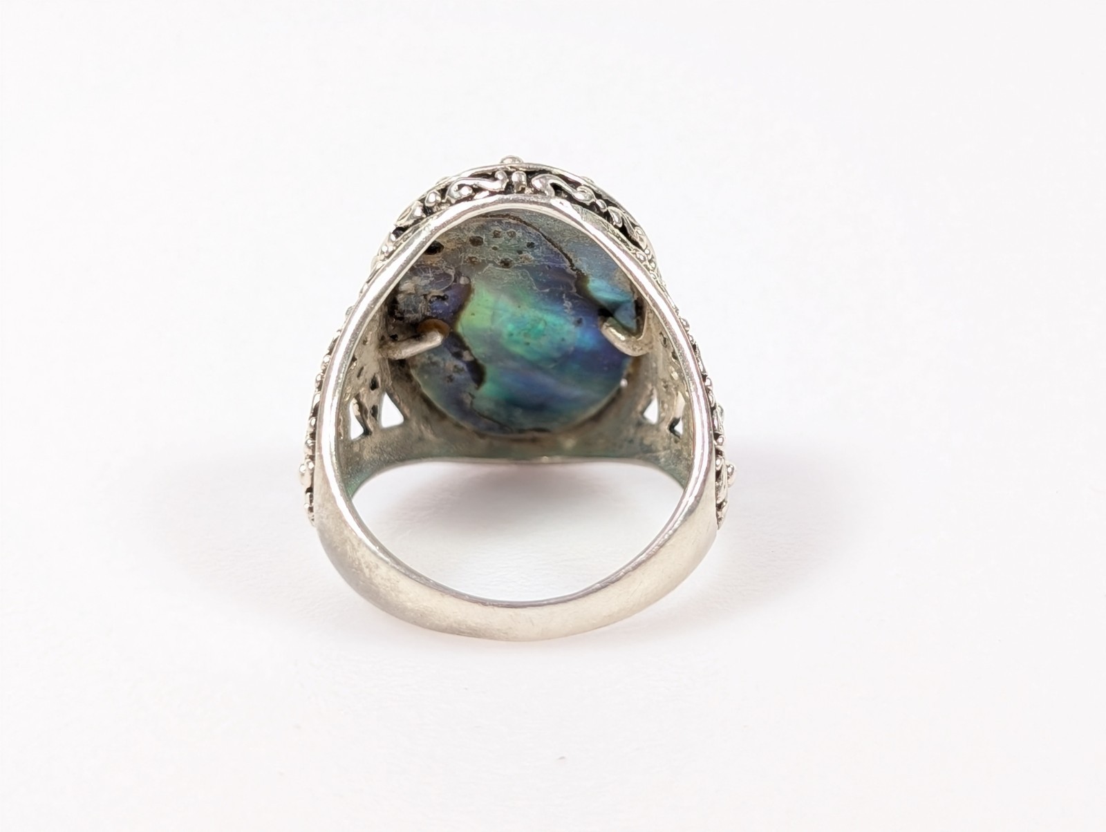 Vtg Abalone Sterling Silver 925 Scalloped Open Filigree Statement Ring CW Sz 5.5