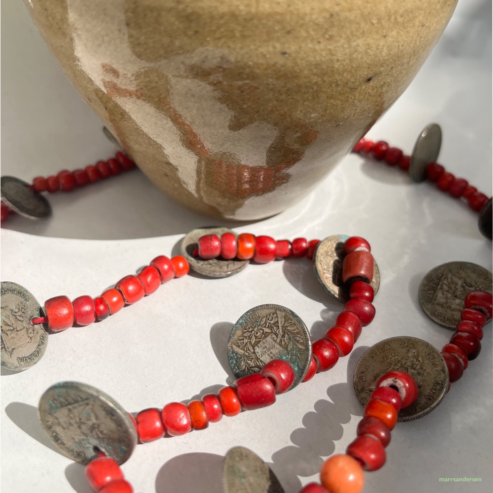 Antique Guatemalan Chachal Red Bead & Coin Necklace – Venetian Glass Handmade