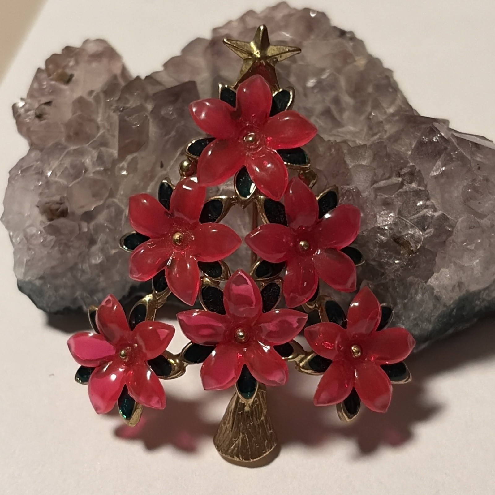 Vintage Unique Signed Lia Poinsettia Christmas Tree-pinkish Red 🌺 Flowers