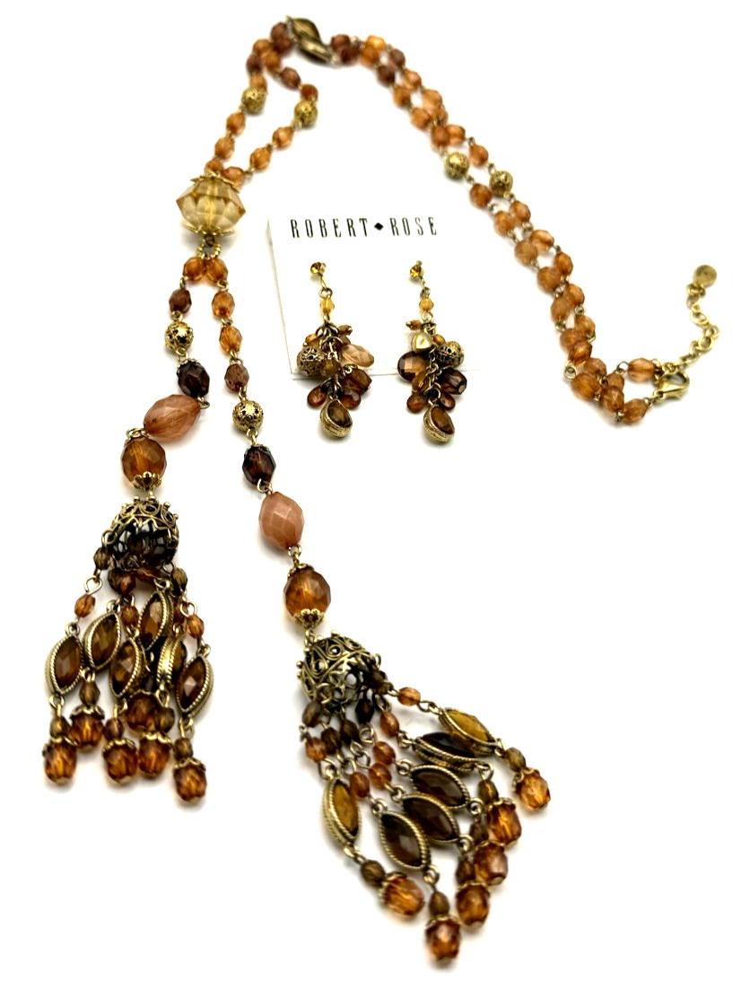 Vintage Robert Rose Gold Tone Amber Honey Beaded Lariat Style Pendant Necklace