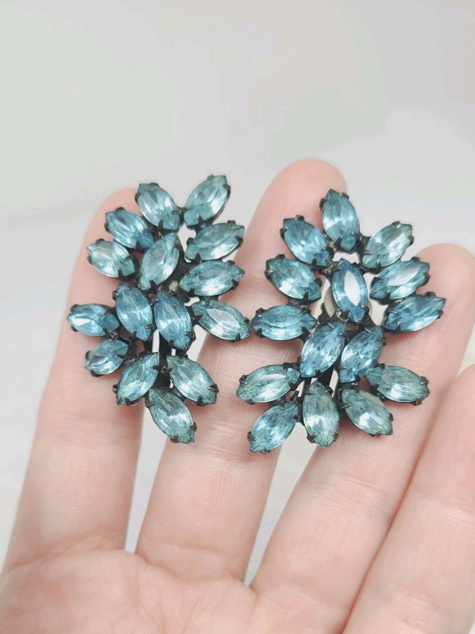 Vintage La Roco Blue Rhinestone Clip On Earrings Black Japanned 1 5/8″