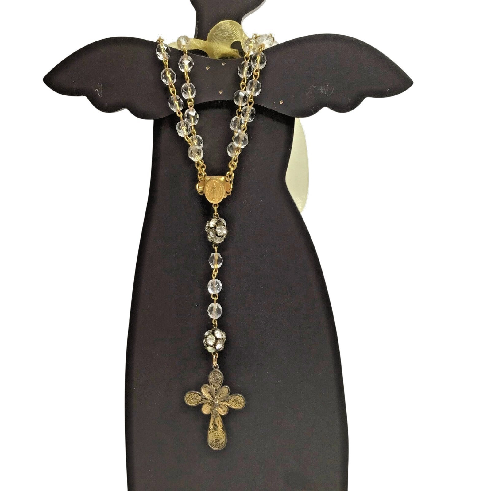 VTG Double Strand Crystal Bead Rosary Bracelet Necklace Cross Pendant Gold Tone