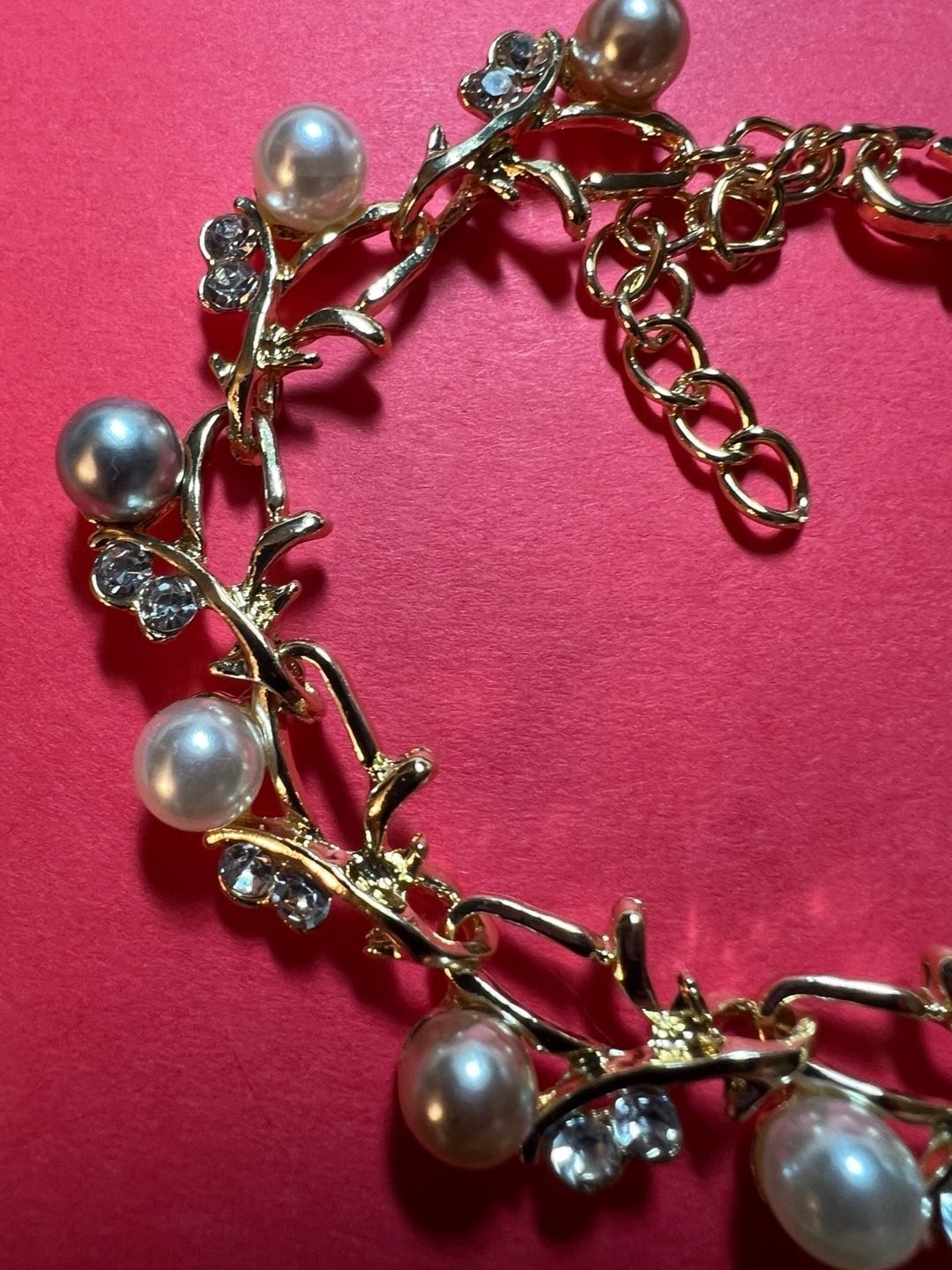 Gold-Tone Leaf Vine Bracelet with Faux Pearls and Rhinestones