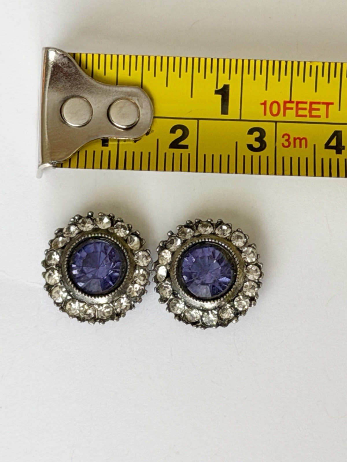 Vintage Purple Rhinestone Halo Stud Earrings, Silver Tone Round Faceted Crystal