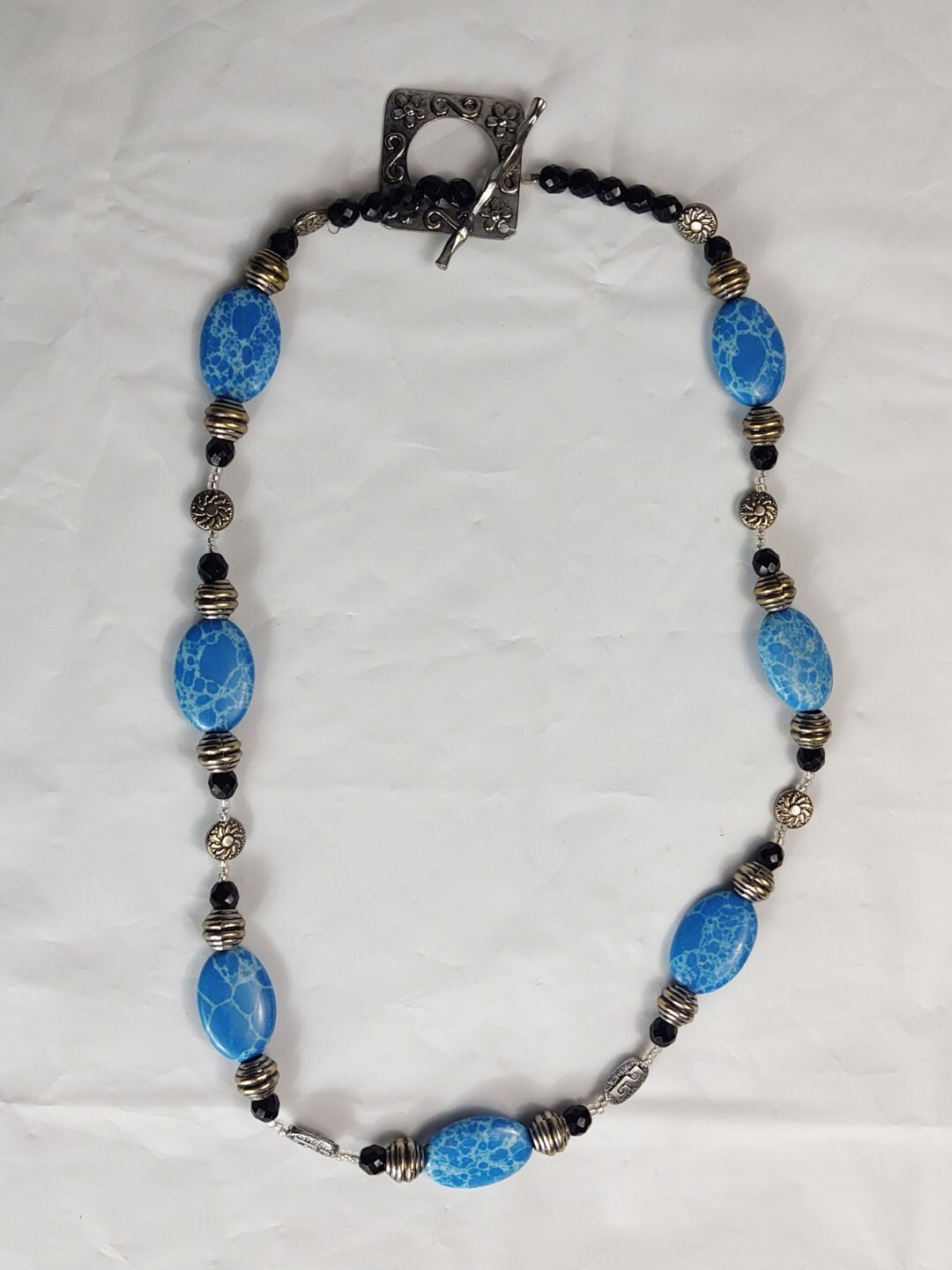 Vtg Beaded Necklace Toggle Closure Blue Black Silver Tone Beads Costume Jewelry