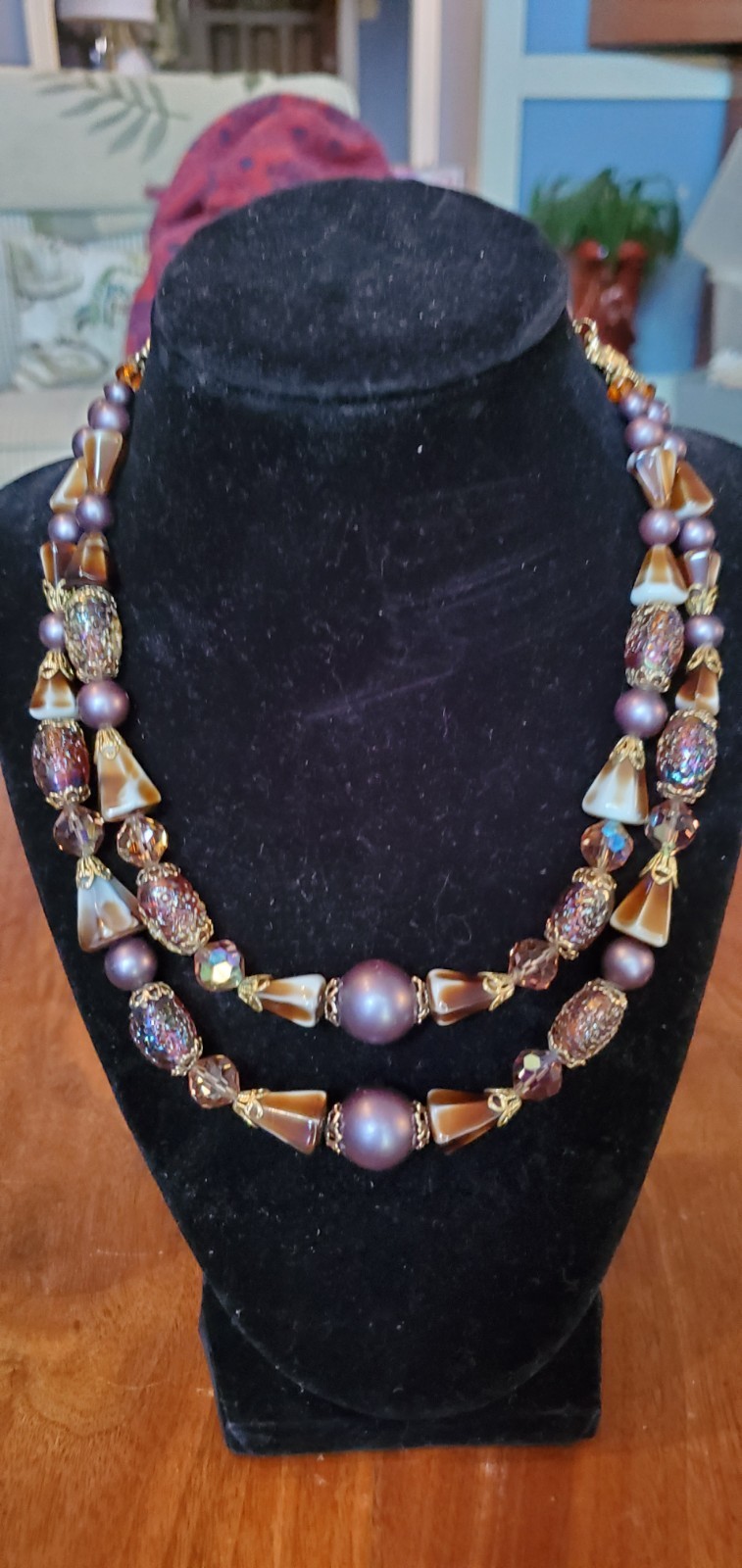 Vtg ART Arthur Pepper Double Strand Venetian Purple Crystal Gold Tone Necklace
