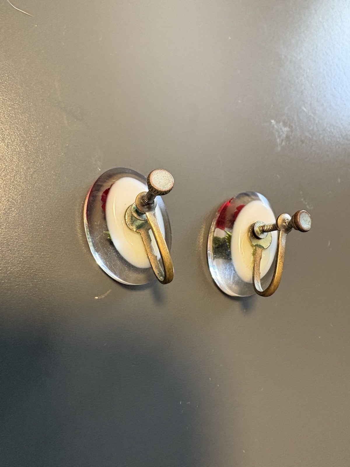 1950’s MCM Lucite Reverse Carved Red Rose Earrings Screw Post Back Gorgeous