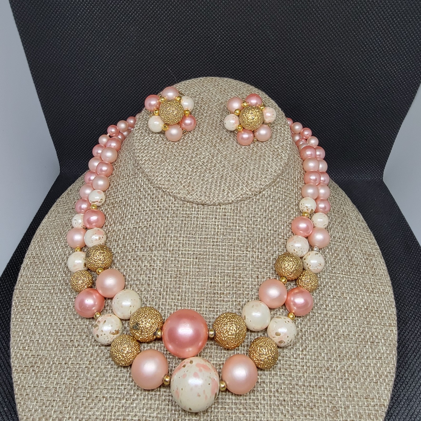 Vintage Pink Multi Strand Beaded Necklace Earrings Set Gold Tone READ