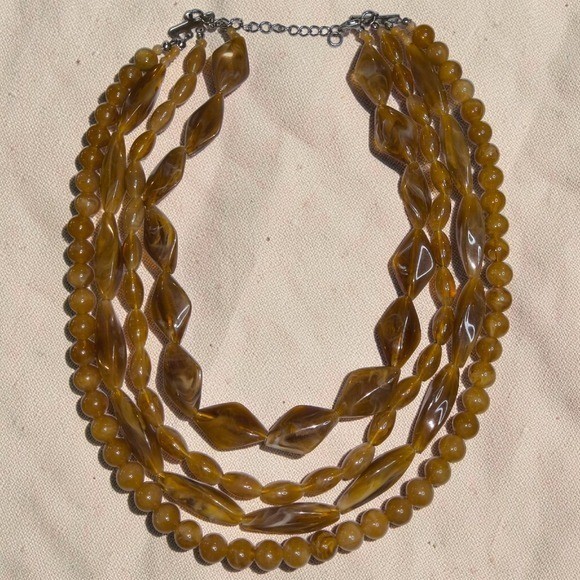 Vintage Style 4 Strand Marbled Honey Lucite Resin Statement Necklace