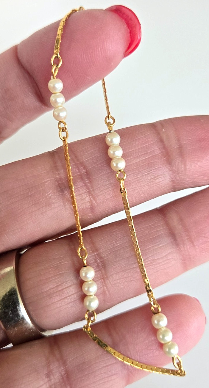 Vintage Gold Tone C Link Chain w/ Faux Pearl Bead Bracelet 7-1/8″ Spring Ring