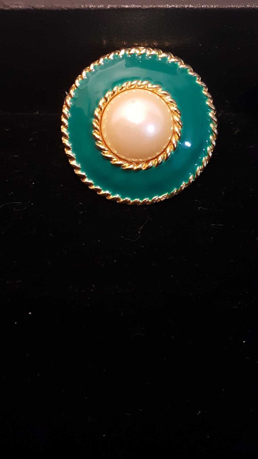 Vintage GAY BOYER Green Enamel GoldTone Faux Pearl Round CLIP Earrings