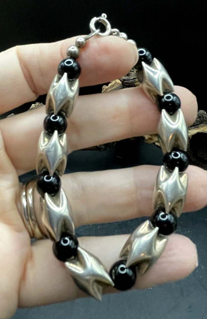 Vintage 925 Sterling Silver Black Tourmaline? Beaded Bracelet 6″