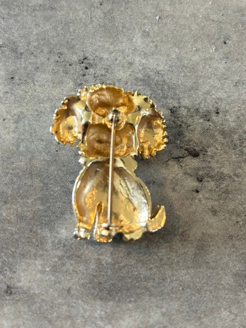Vintage Gold Tone Puppy Dog Pin with Blue Rhinestone and Pearls Brooch