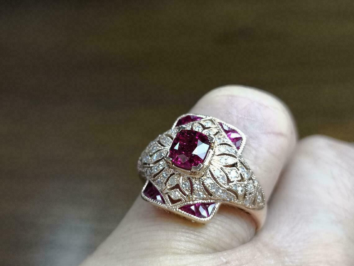 2.00 Ct Art Deco Style Red Ruby & Lab Created Diamond Engagement Ring 925 Silver