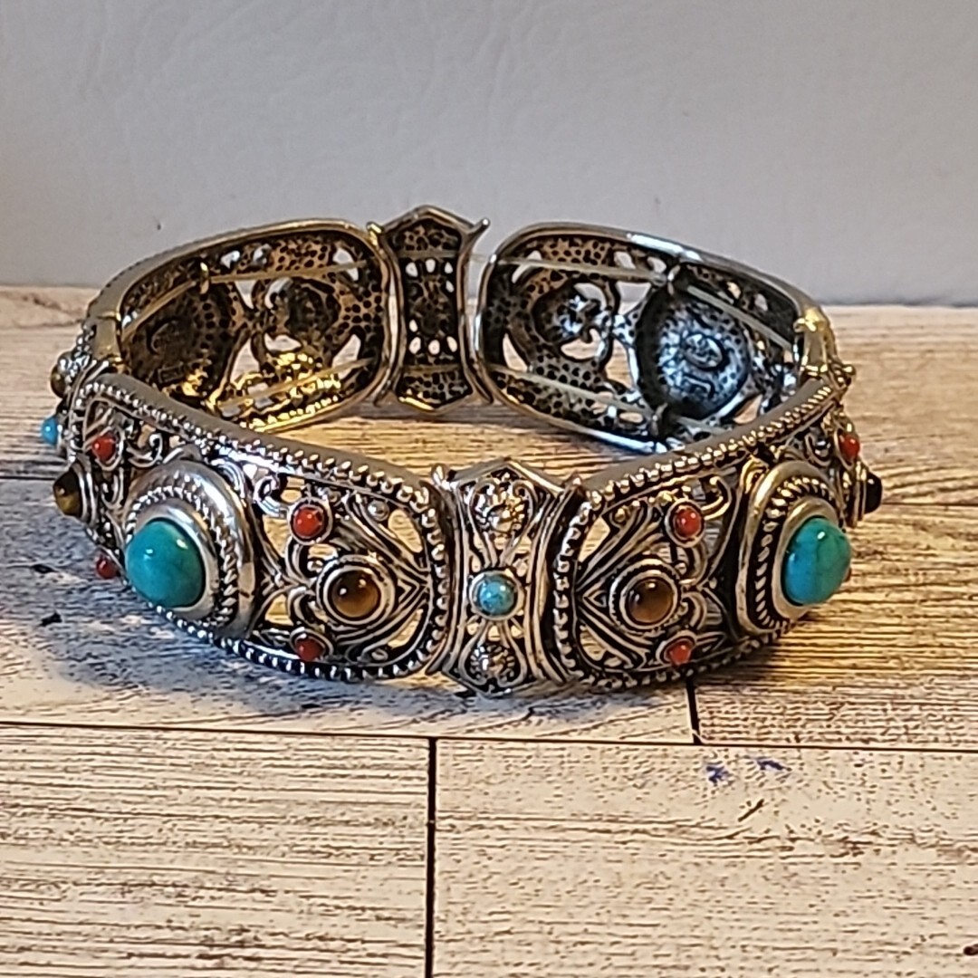 XL Graziano Bracelet Faux Turquoise and Red Bead Silvertone Stretch Band Vintage