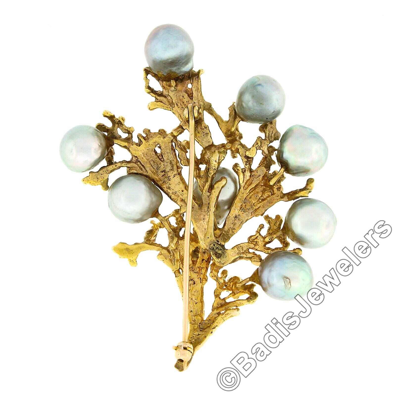 Vintage Textured 14K Gold Gray Pearl Diamond Freeform Flower Cluster Pin Brooch
