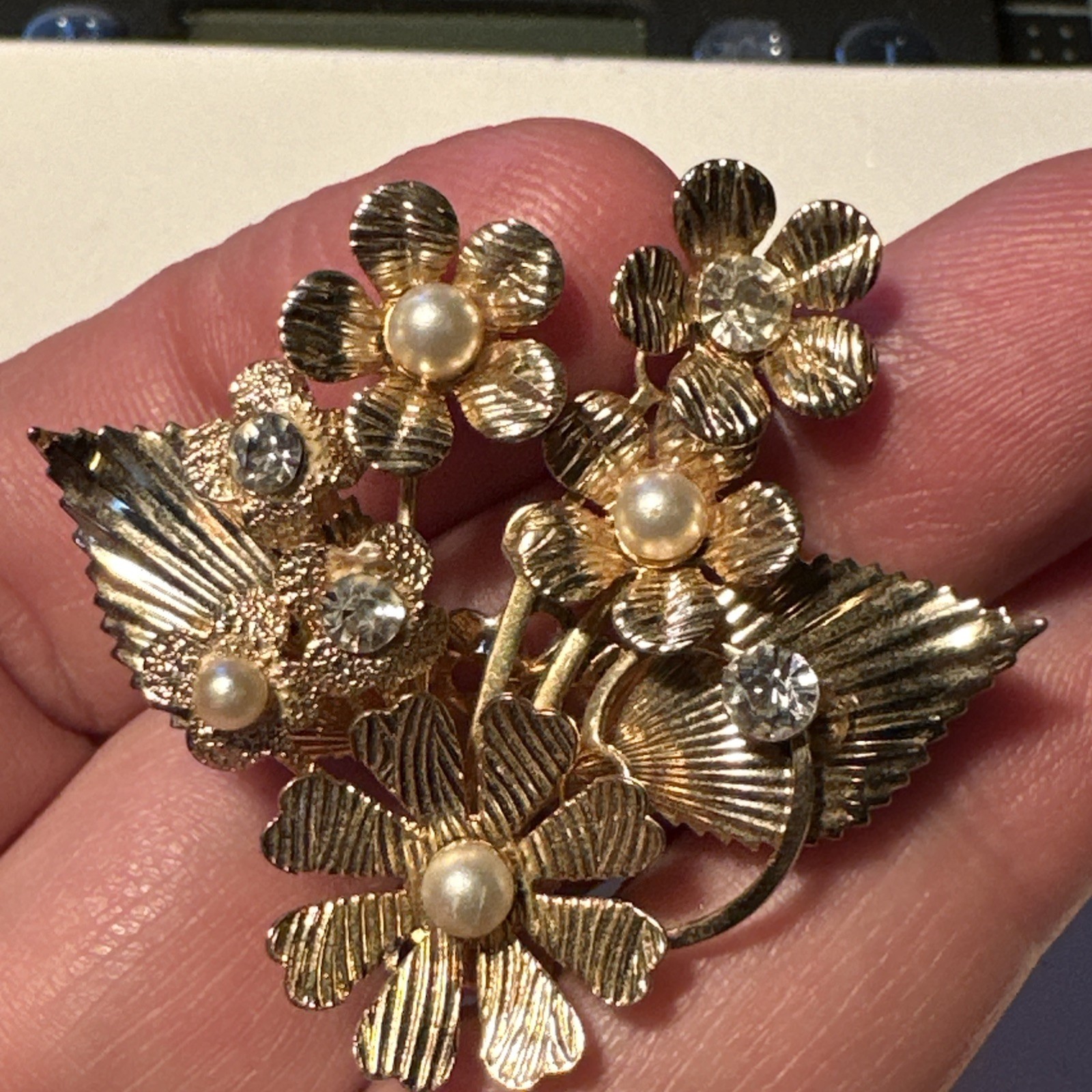 Vintage MCM Coro Clip On Earrings Gold Tone Floral Cluster Faux Pearl Rhinestone
