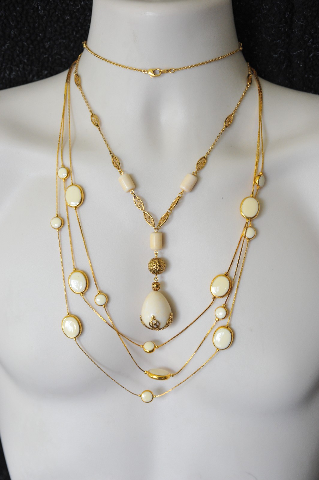 Necklace LOT Avon Ivory cream gold tone layered dangle filigree PE26