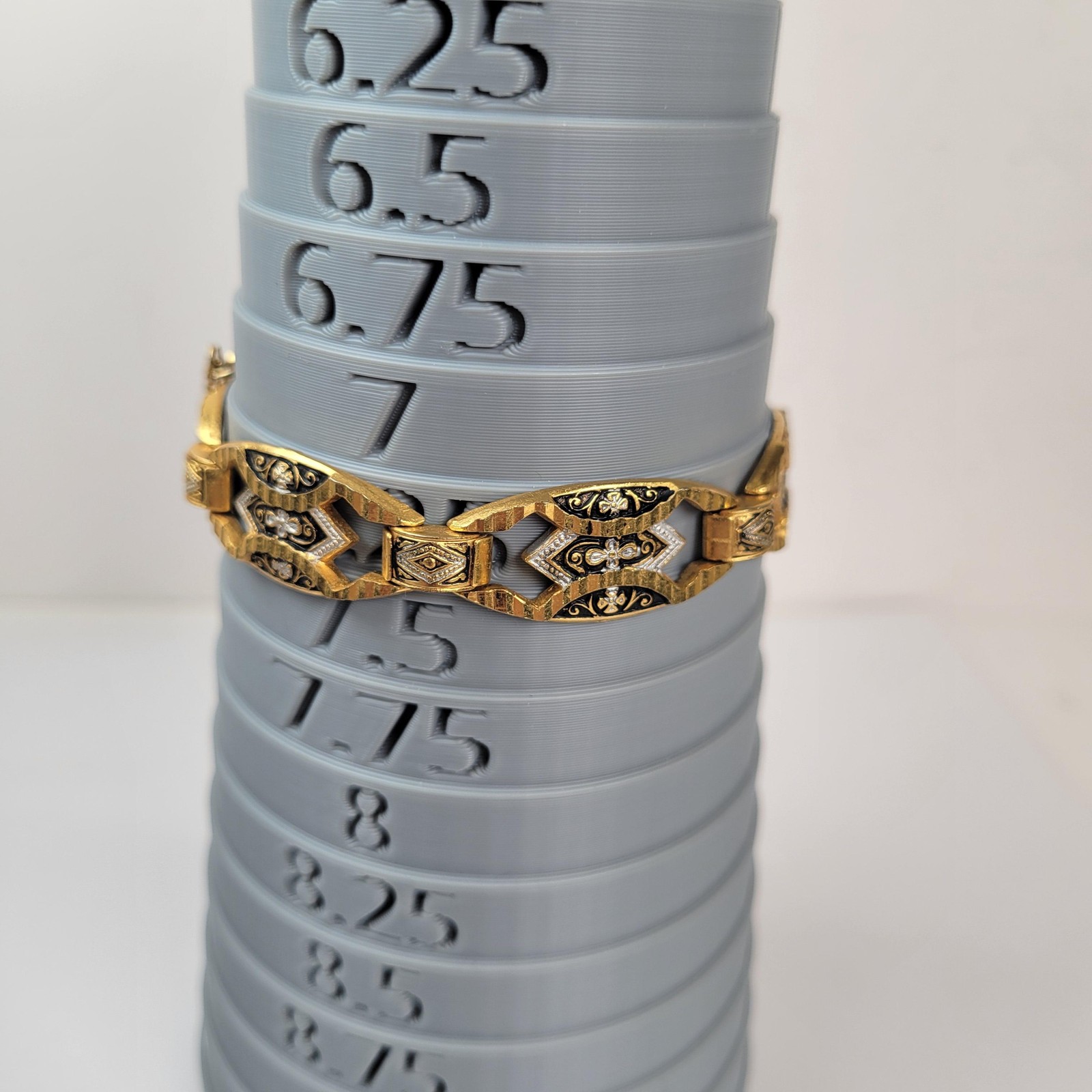 Gold Tone Damascene Link Bracelet Black Enamel Floral Safety Chain Jewelry 7in