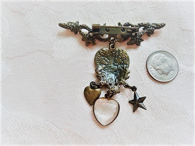 Victorian Inspired Ivy Leaves Bar Pin Brooch With Star Hearts Drops Dangles KJ