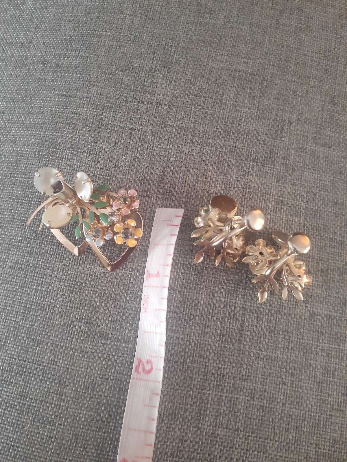 Vintage MOP & Enamel Flower/heart Brooch/pin & Matching Screw back Earrings