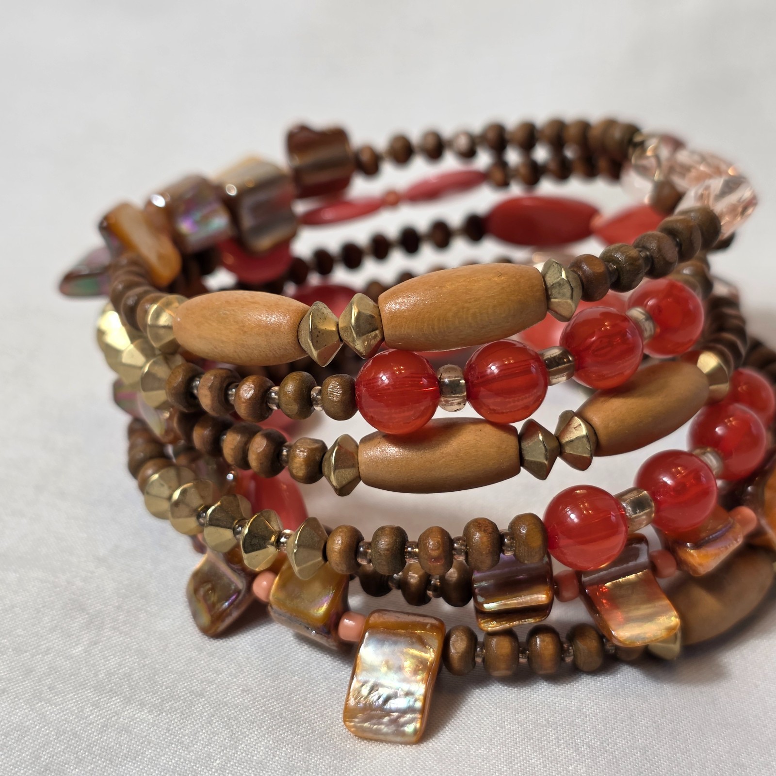 Bohemian-Style Multi-Strand Wrap Bracelet Warm Earthy Tones Wood & Glass Beads