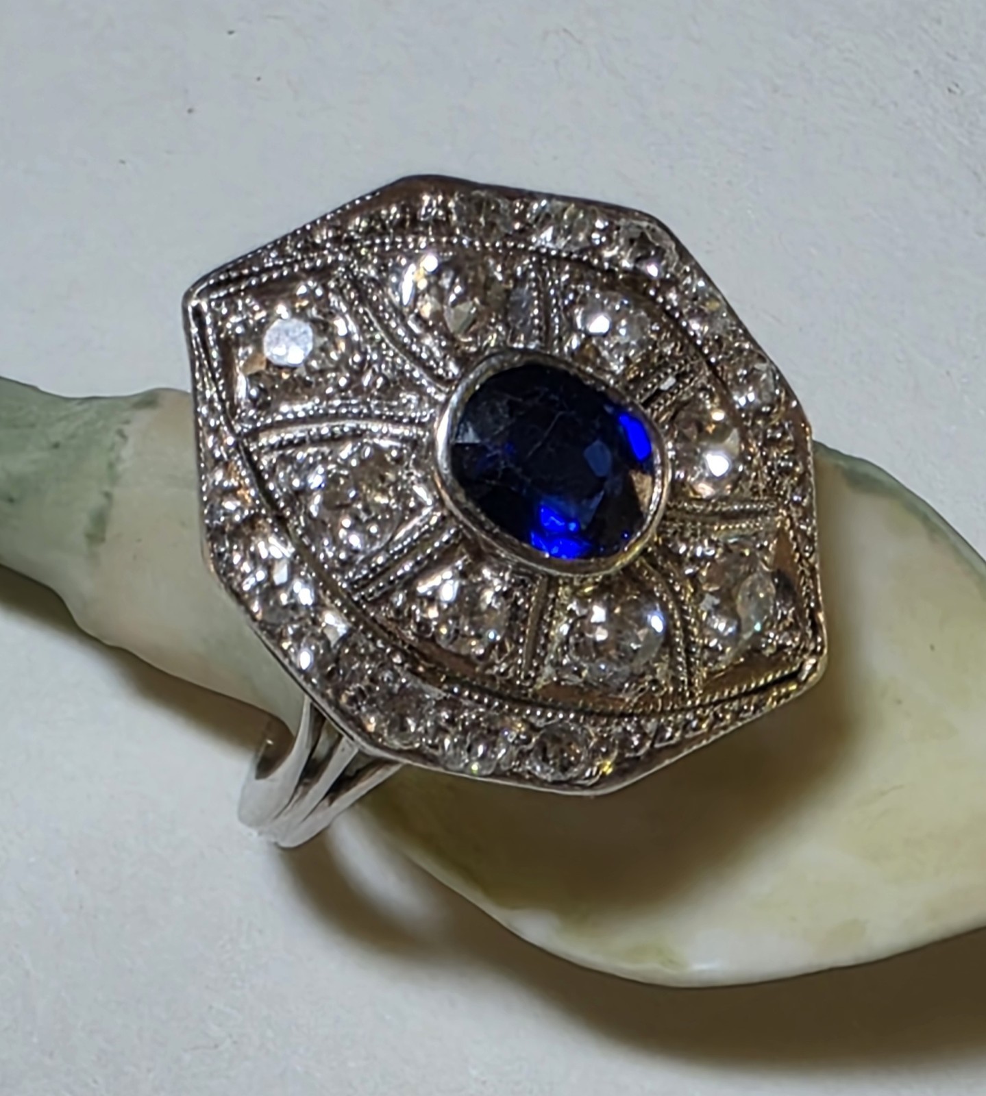 Antique Platinum Old European And Mine Cut Diamonds Blue Synthetic Sapphire Ring