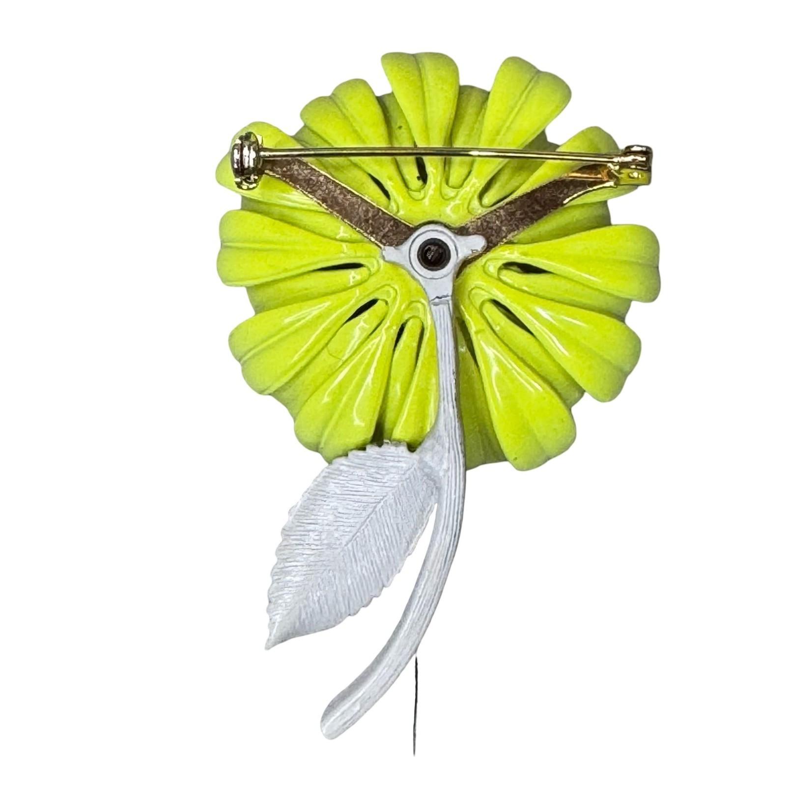 Vintage Yellow Lime Green Chrysanthemum Flower Brooch 3″ Enamel Floral Pin