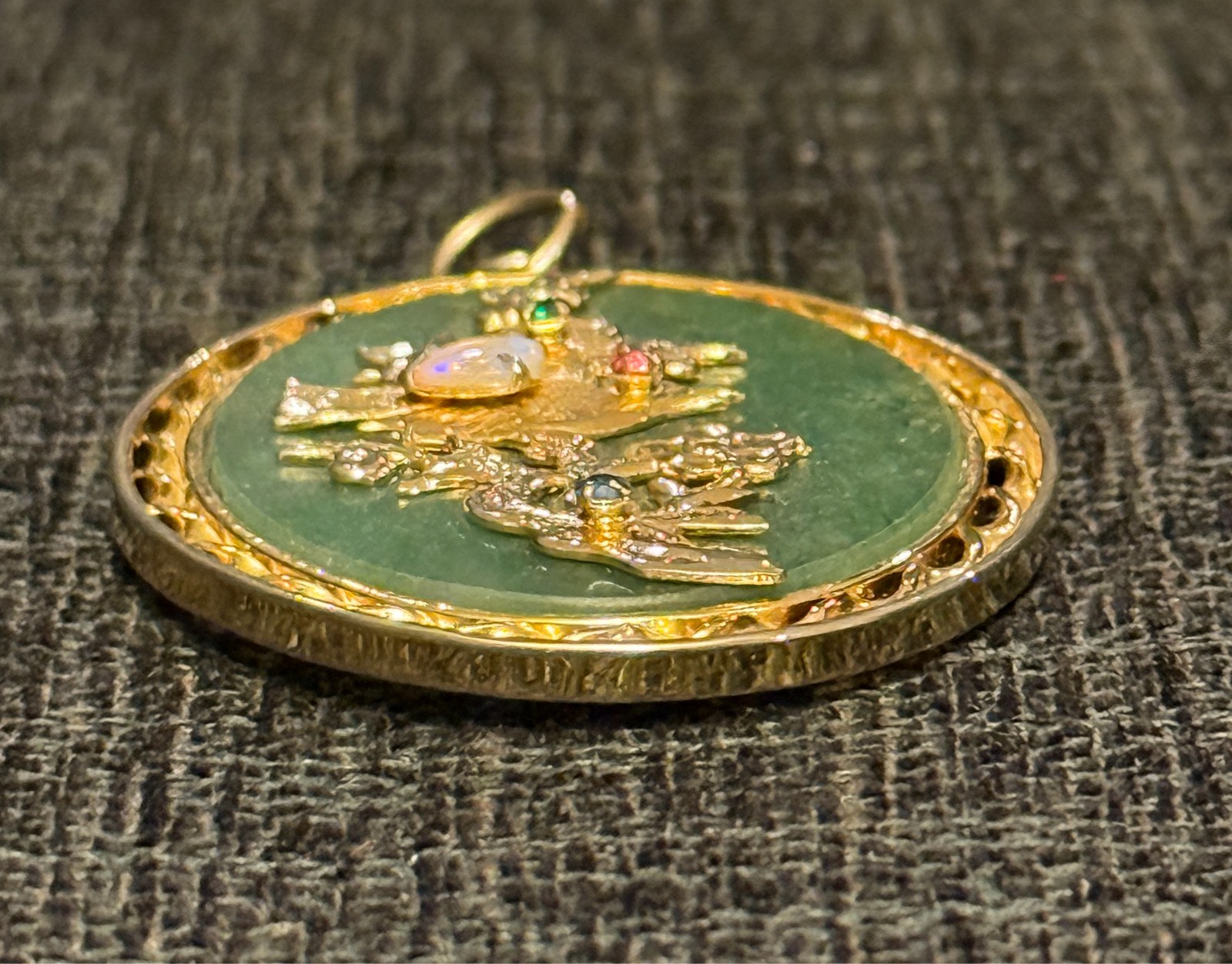 VTG Chinese Jade Pendant Opal Ruby Sapphire Emerald Bird Gold Tone Reversible Fu