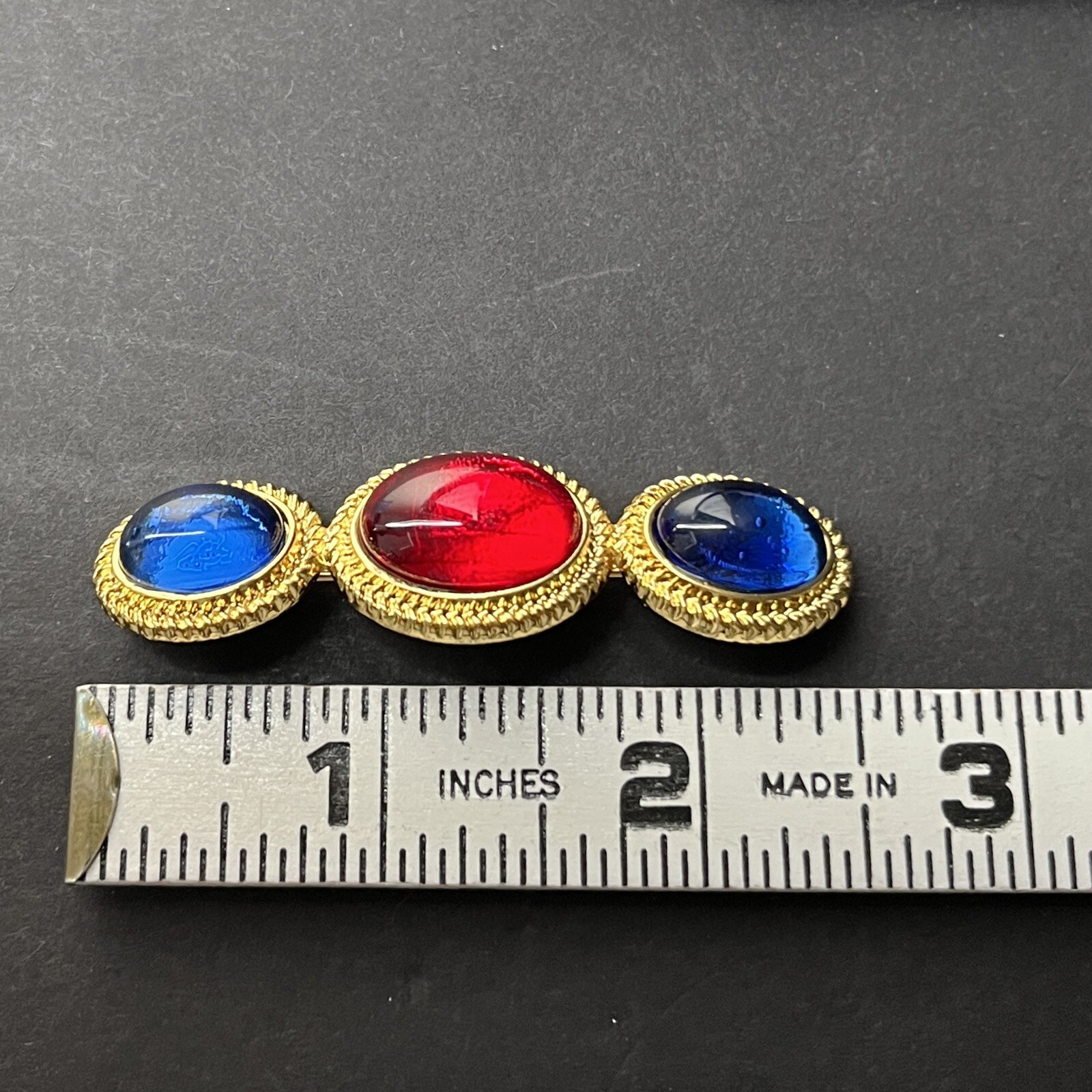 Gripoix Style Glass Cabochon Brooch Bar Pin Gold Tone Red Blue Scarf Pin