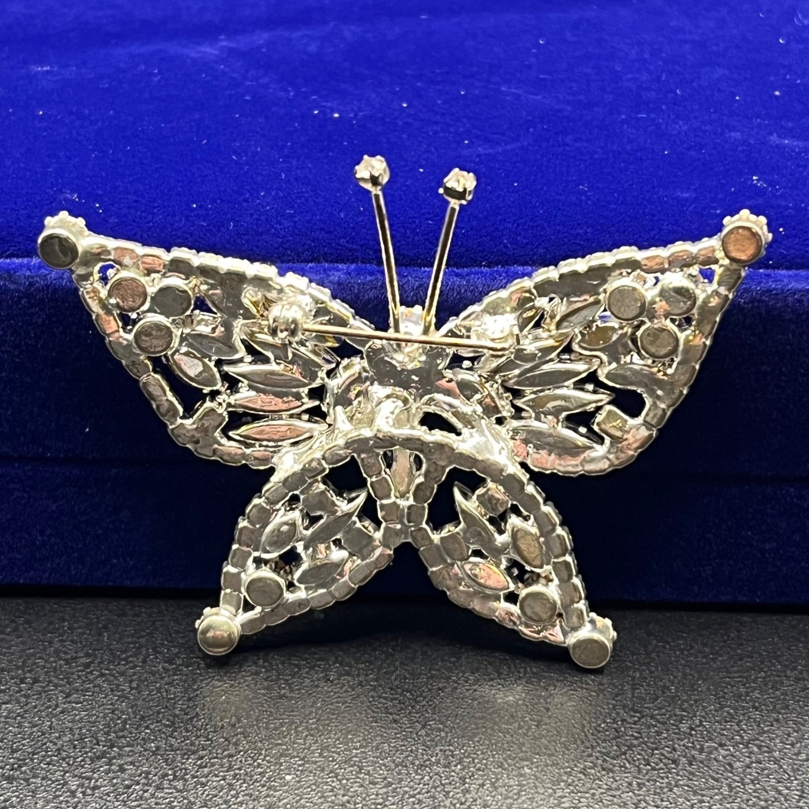 Mid Century Rhinestone Butterfly Brooch Silver Tone Navette Wings