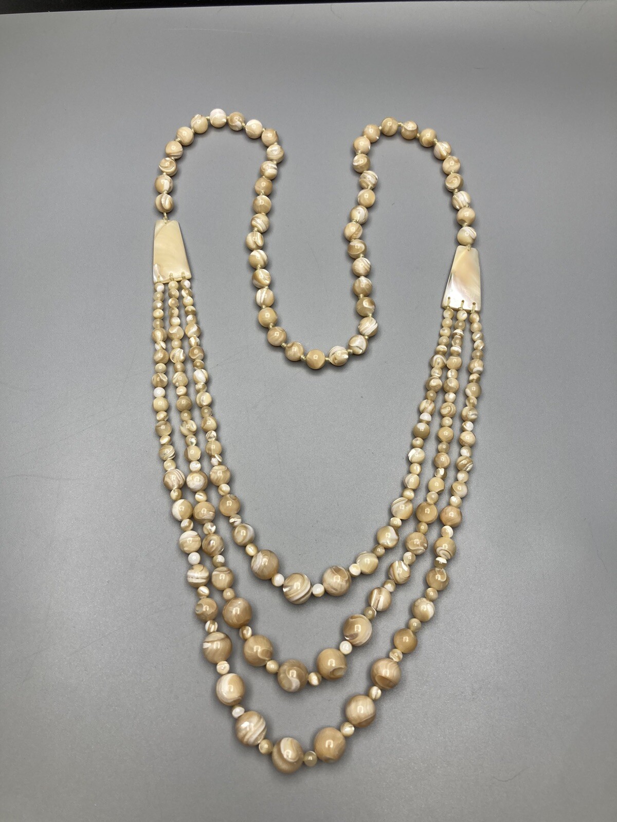Mother of Pearl Necklace 3 Strand VTG Hand Knotted No Clasp 28.5in 97g 2” Drop