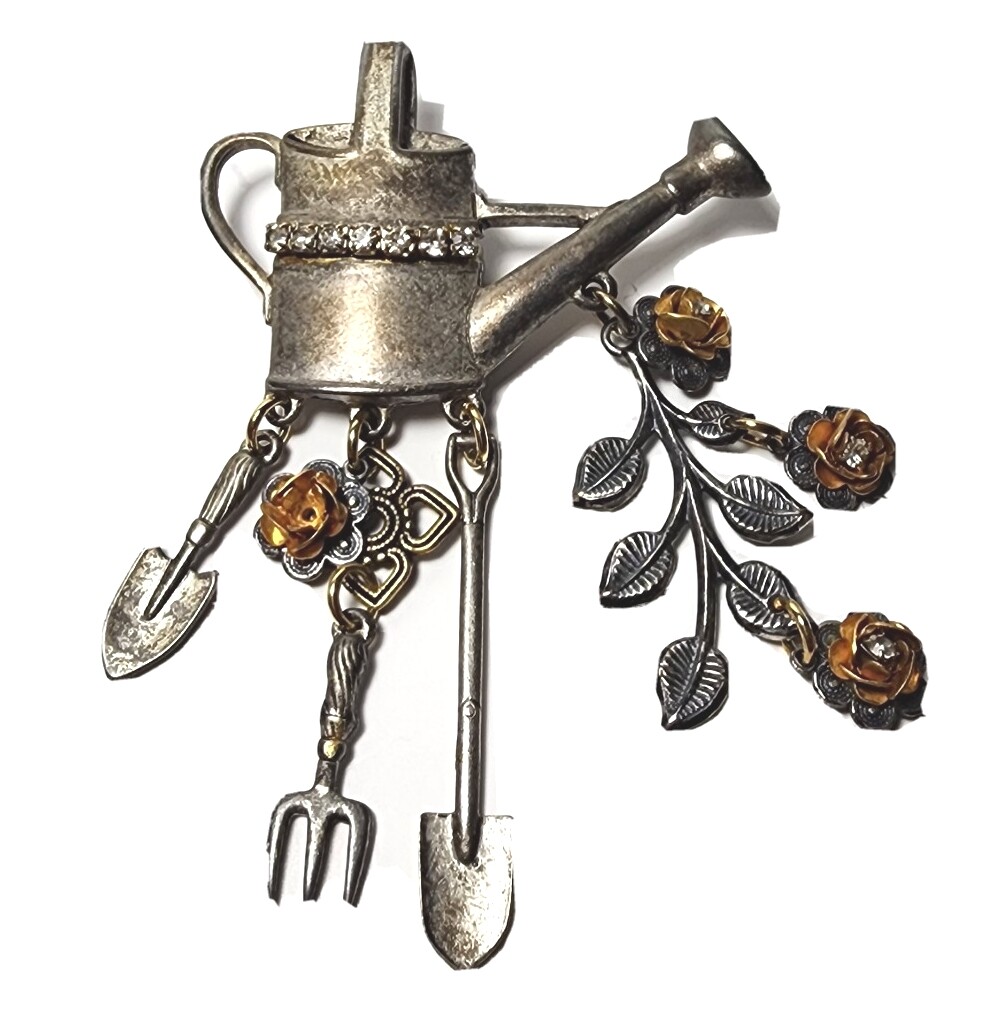 Vintage Jewelry Pewter Metal Garden Brooch Pin w Rhinestones & Gold Flowers