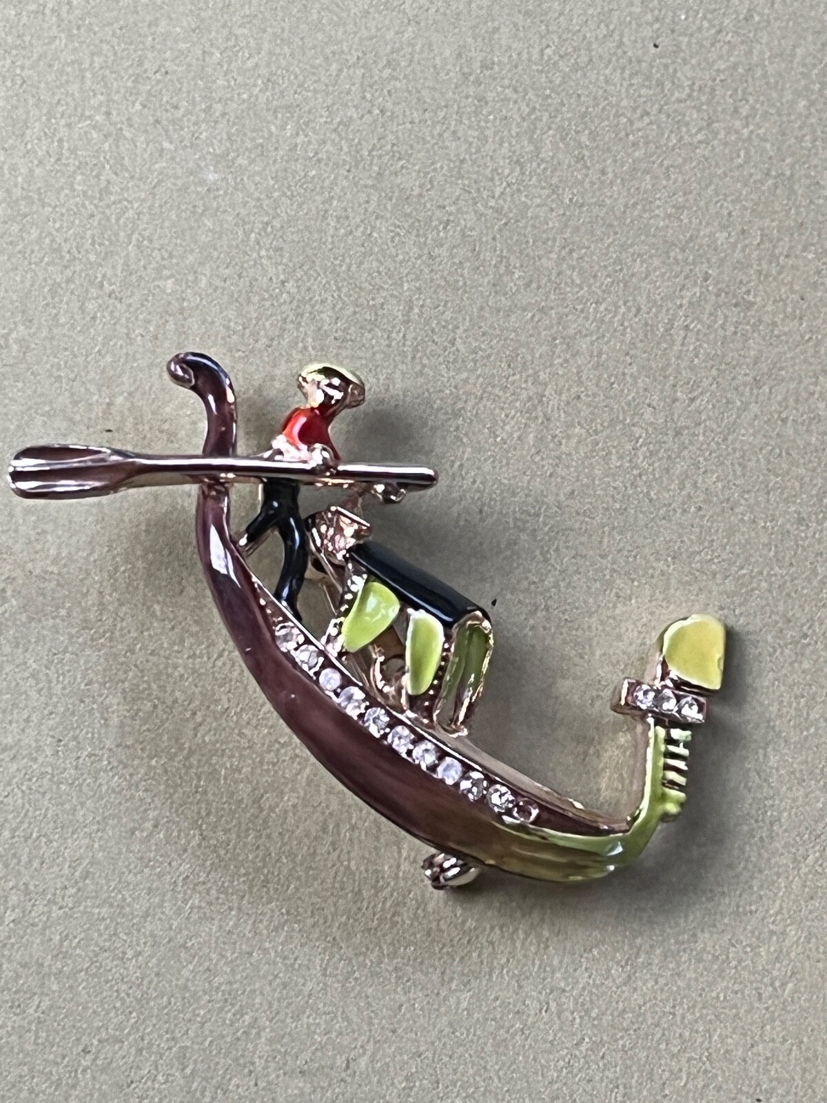 Vintage LIme Green Black & Red Enamel Asian Fishing Boat Figural w Clear Rhinest