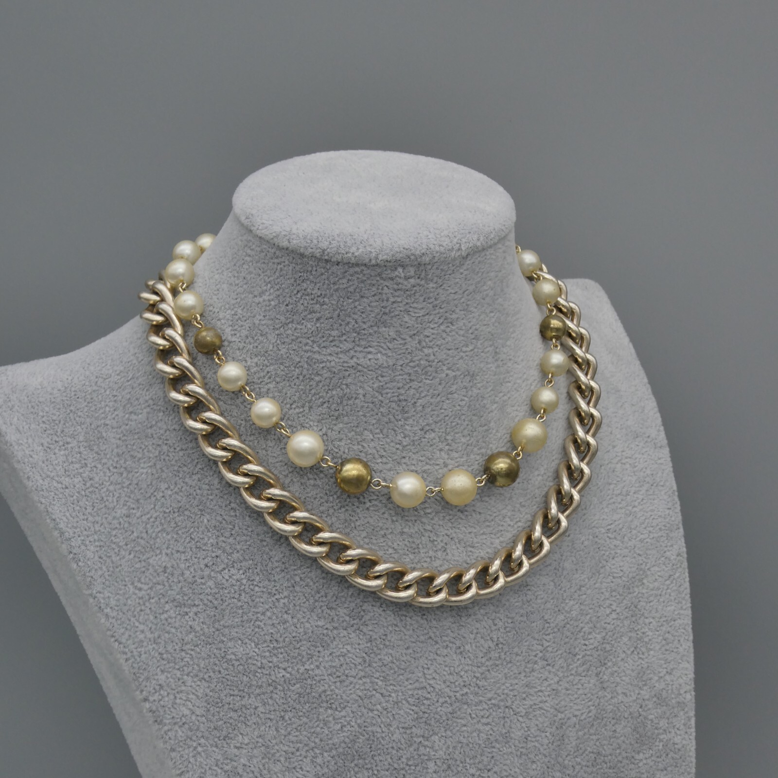 Vintage Dual 2 Strand Choker Necklace Faux Pearl Gold-Tone Curb Link Japan 15″