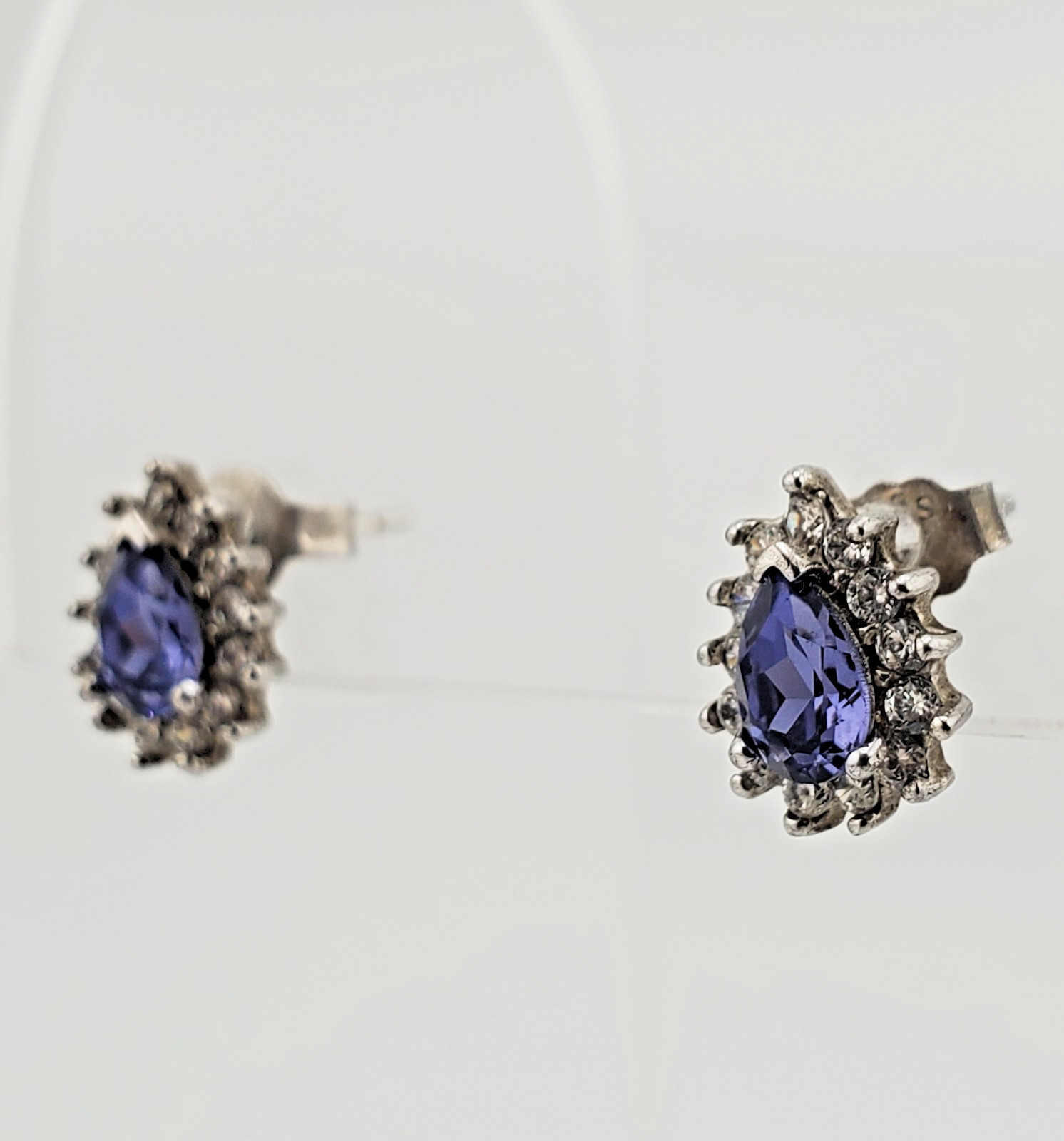 VTG 925 Purple Blue Pear Cut Crystal Stud Earrings Sterling Silver 1g Halo CZ S