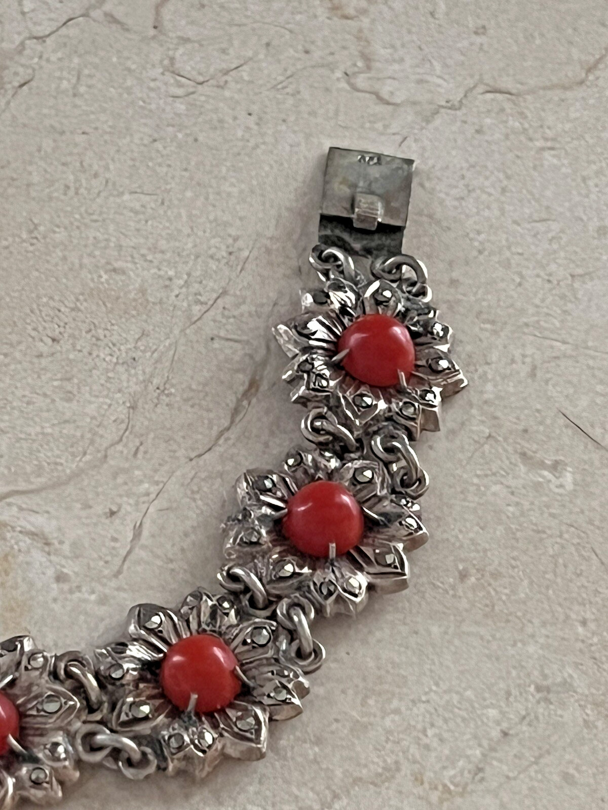 Antique Victorian 900 Silver Marcasite & Coral Link Flower Bracelet