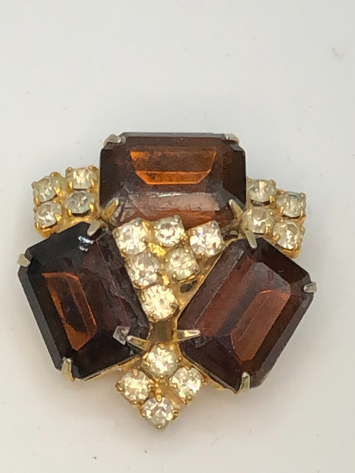 Vintage Gold Tone Amber Emerald Cut and Round Clear Rhinestone Brooch