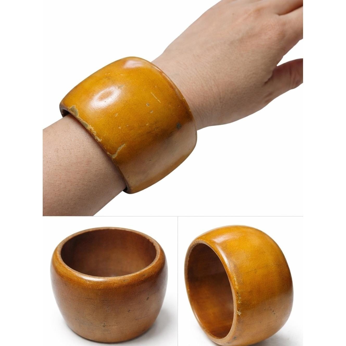 Vintage Wide Wooden Bangle Bracelet Brown Chunky Boho Statement Cuff Size 7